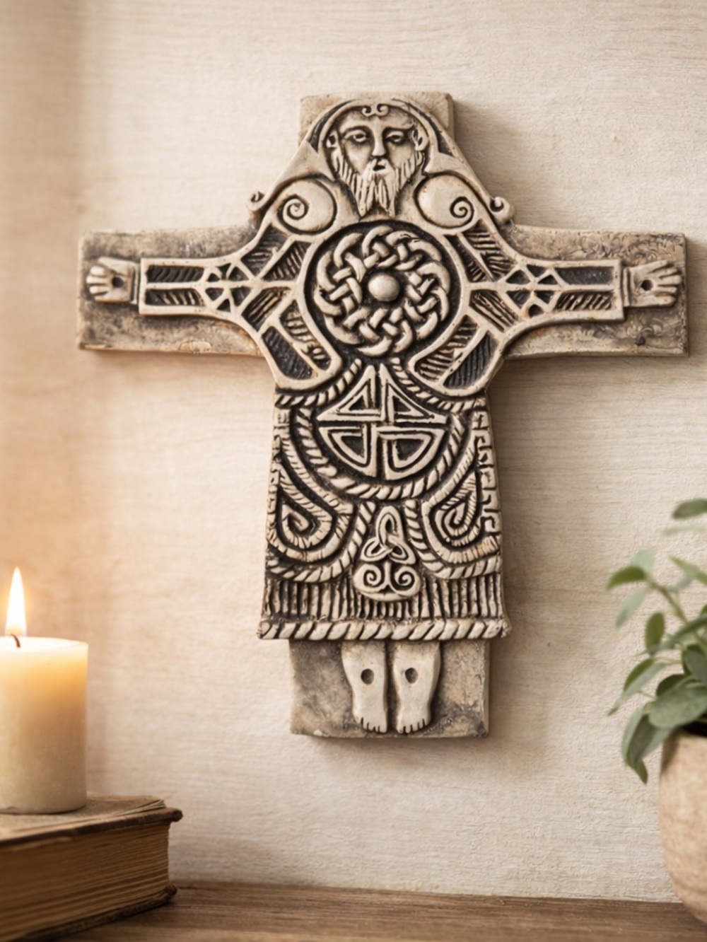 McHarp Celtic Stone Cross Wall Plaque 7.5” Religious Folk Art Decor